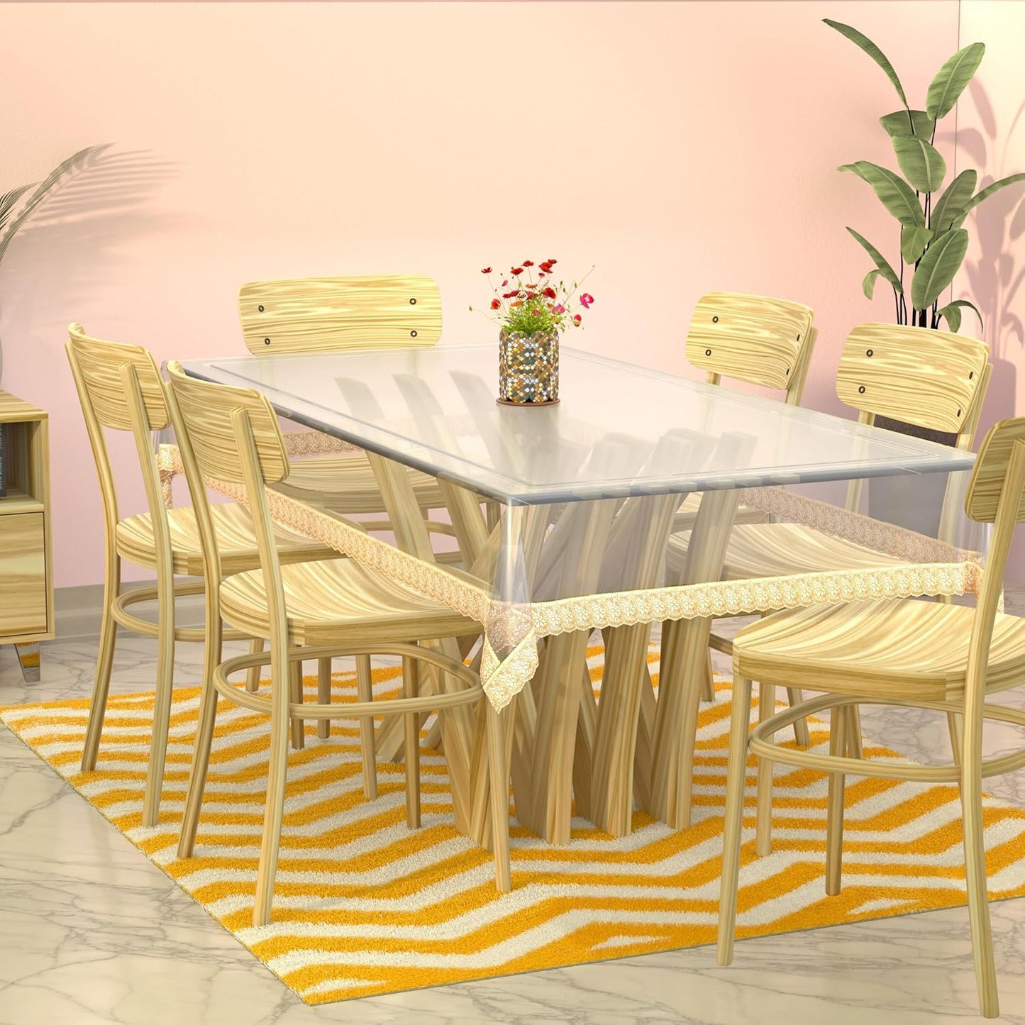 Transparent Table Cover with Golden Border Laces, 2-4 Seater 48x48 inches, 0.25mm Thick, 2-4 Seater, Rectangular (48x48)