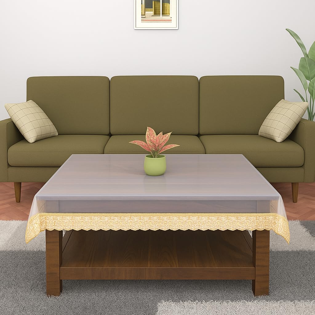 Transparent Table Cover with Golden Border Laces, 2-4 Seater 48x48 inches, 0.25mm Thick, 2-4 Seater, Rectangular (48x48)