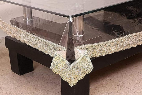 Transparent PVC Center Table Cover 4 Seater for Home, Hotel, Office & Restaurant Pack of 1 (40x60, Stone with Golden Lace)