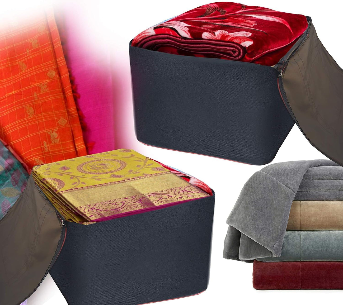 Fabric Underbed Storage Bag Moisture Proof Cloth Organiser Big Underbed Storage Bag With Zippered Closure And Handle (54X46X28Cm) (Pack Of 2, Red Black)