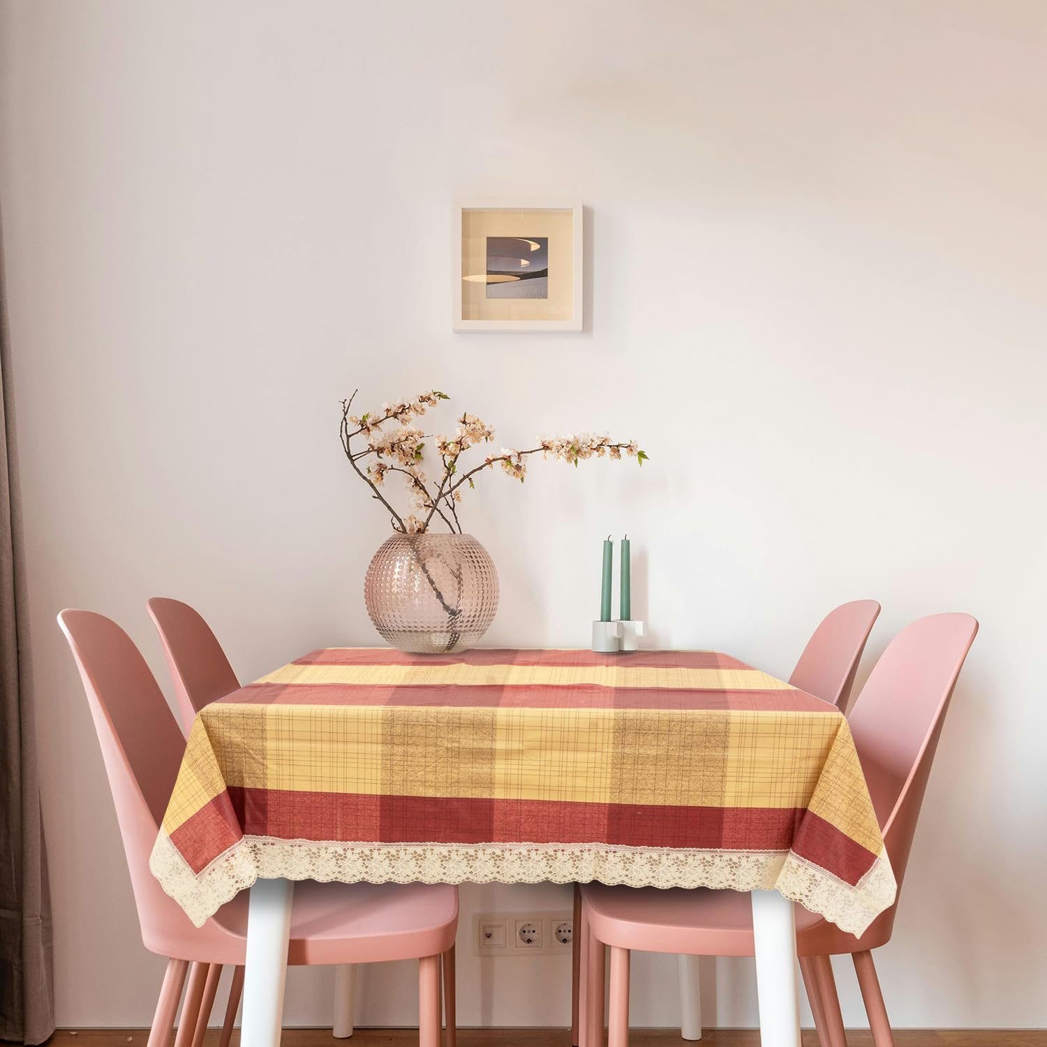 PVC Water Proof Printed Dinning Table Cover with Lace | Dinning Table Cover 6 Seater | Dining Table Cover 6 Seater Waterproof (60x90, Checked Multicolor)