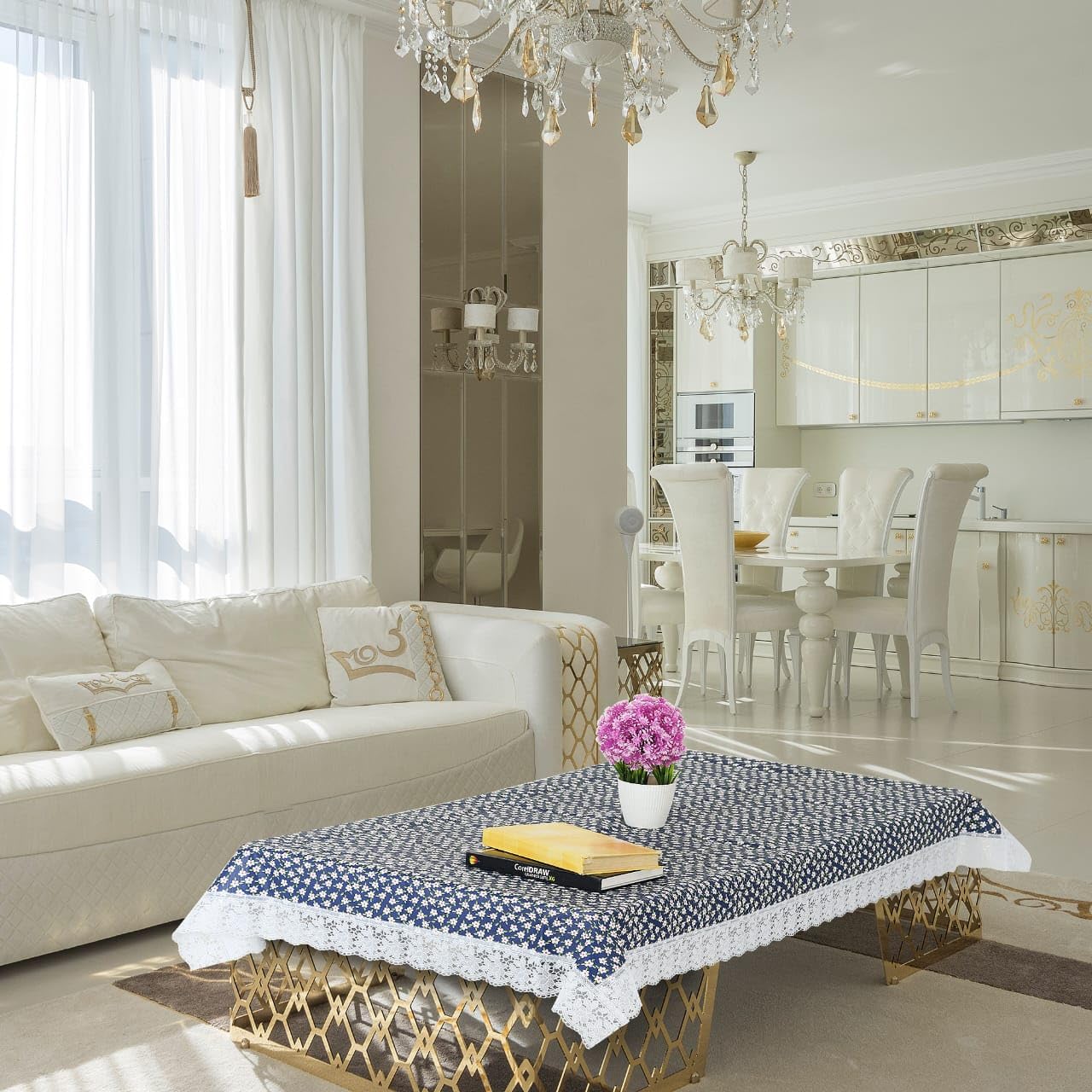 PVC Water Proof Printed Center Table Cover with Lace | Center Table Cover 4 Seater |Center Table Cover 4 Seater Waterproof (40x60, White Printed)