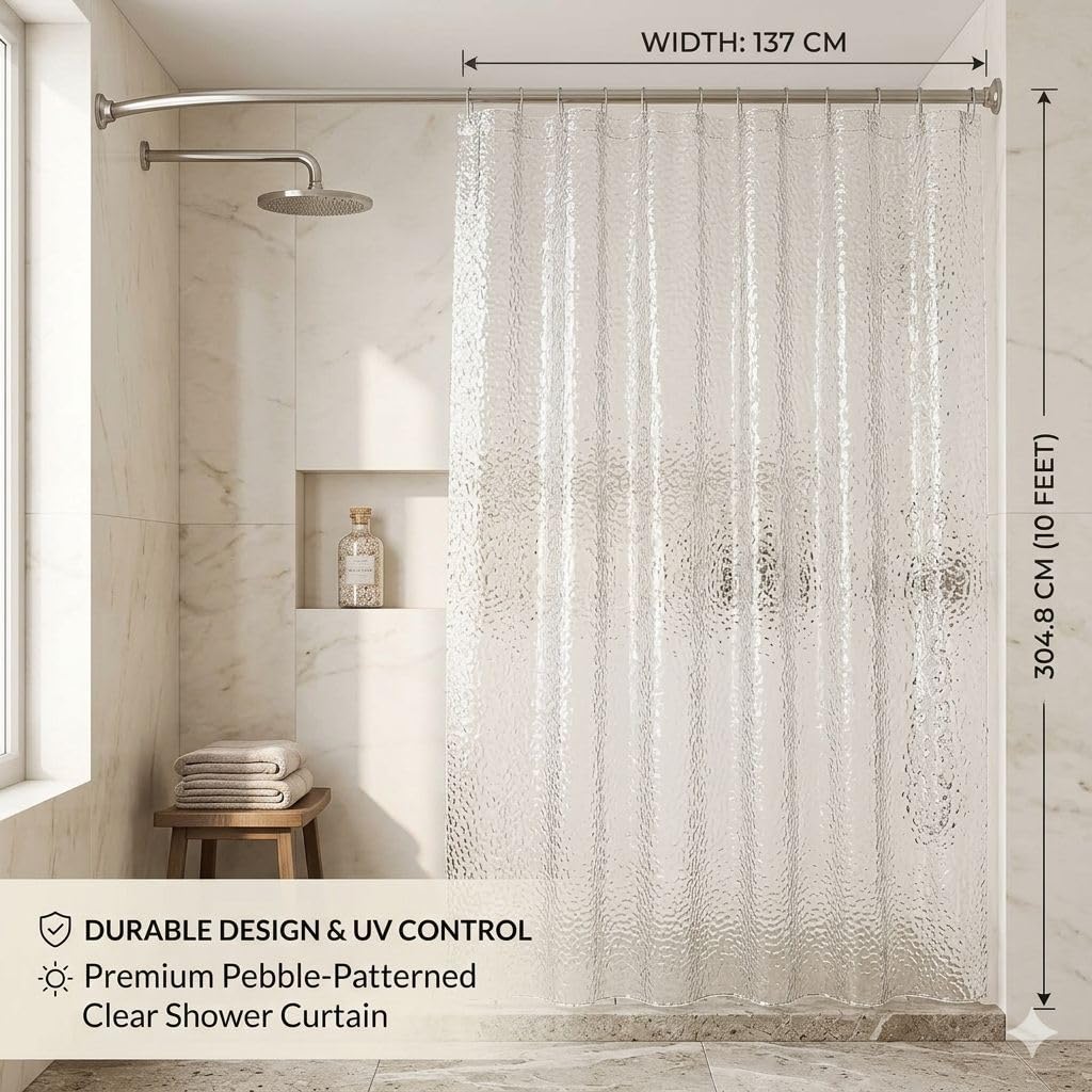 Shower Curtain 7 Feet | Waterproof PVC Bathroom Curtain with 8 Rings | Transparent Stone Print Bathtub Curtain | Bathroom & AC Window Use (Pack of 2)