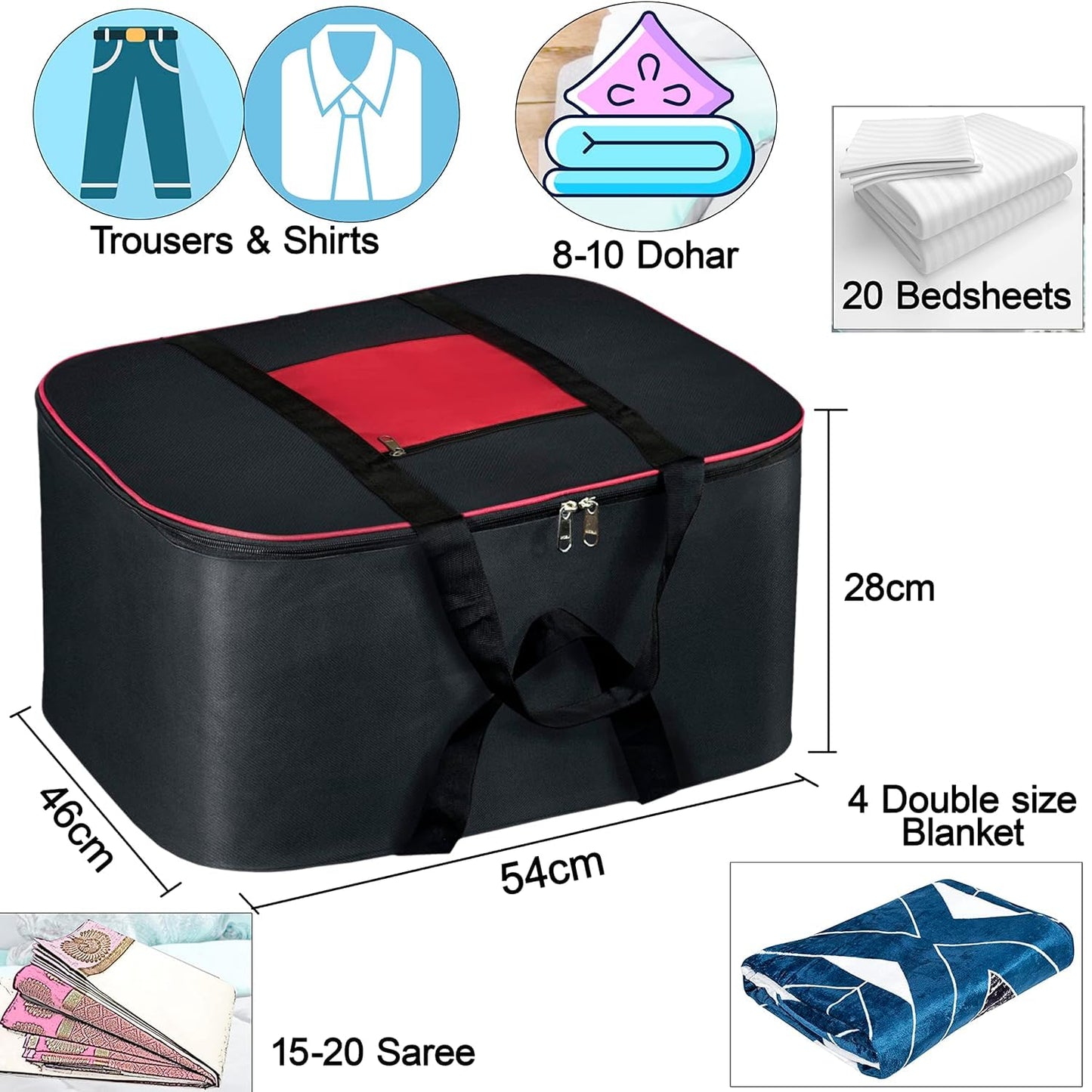 Fabric Underbed Storage Bag Moisture Proof Cloth Organiser Big Underbed Storage Bag With Zippered Closure And Handle (54X46X28Cm) (Pack Of 2, Red Black)