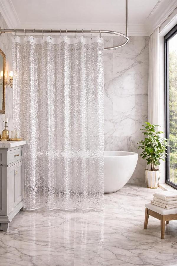 Shower Curtain 7 Feet | Waterproof PVC Bathroom Curtain with 8 Rings | Transparent Stone Print Bathtub Curtain | Bathroom & AC Window Use (Pack of 2)