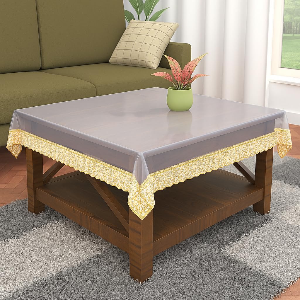 Transparent Table Cover with Golden Border Laces, 2-4 Seater 48x48 inches, 0.25mm Thick, 2-4 Seater, Rectangular (48x48)