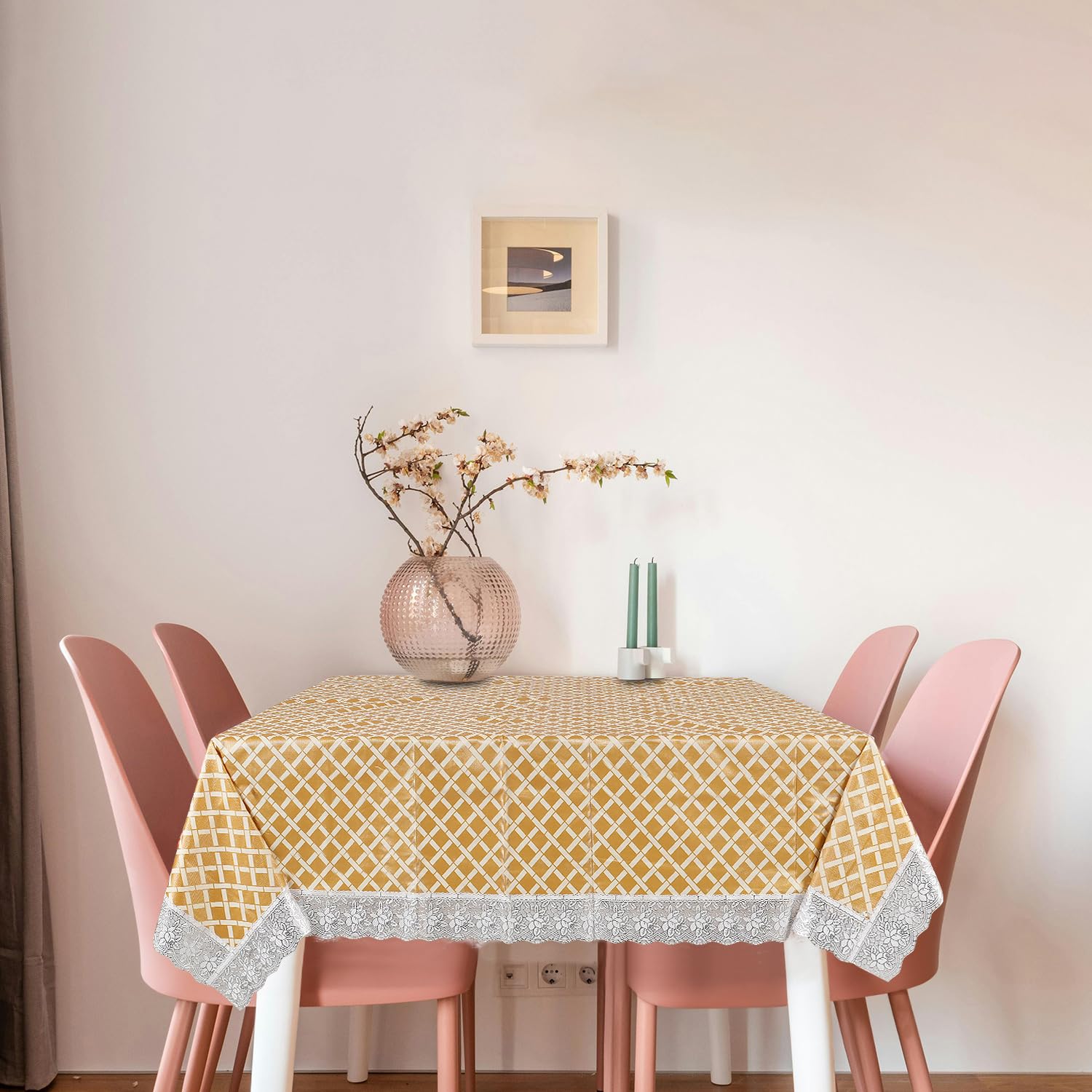 PVC Water Proof Printed Dinning Table Cover with Lace | Dinning Table Cover 6 Seater | Dining Table Cover 6 Seater Waterproof (Golden Check, 60x90)