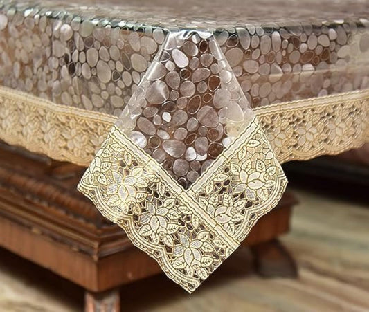 Transparent PVC Center Table Cover 4 Seater for Home, Hotel, Office & Restaurant Pack of 1 (40x60, Stone with Golden Lace)