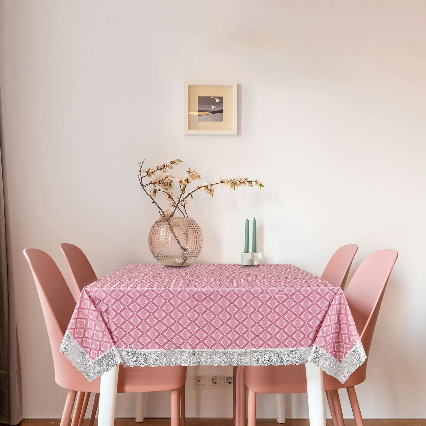 PVC Water Proof Printed Dinning Table Cover with Lace | Dinning Table Cover 6 Seater | Dining Table Cover 6 Seater Waterproof (Pink Wave, 60x90)