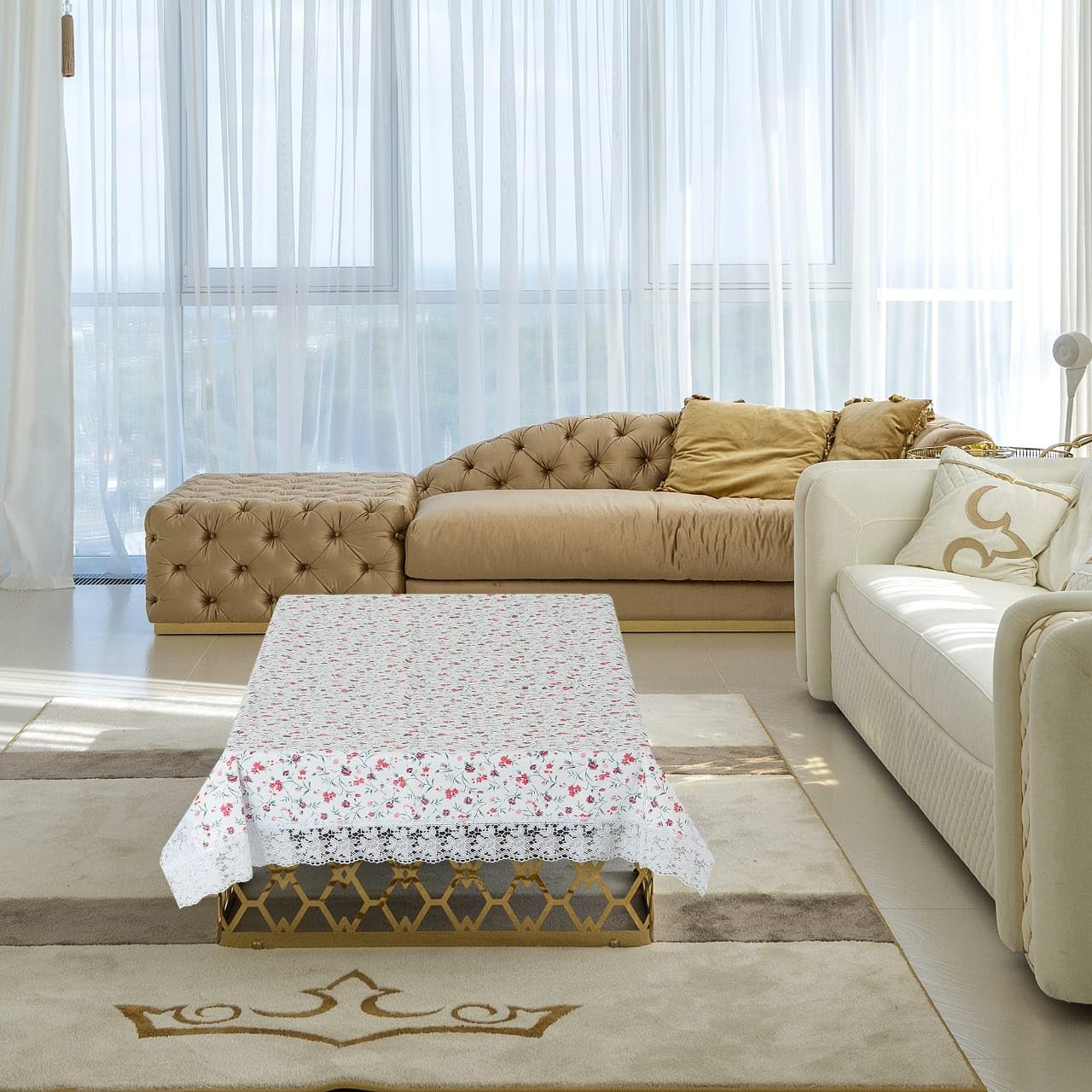 PVC Water Proof Printed Center Table Cover with Lace | Center Table Cover 4 Seater |Center Table Cover 4 Seater Waterproof (40x60, White Printed)