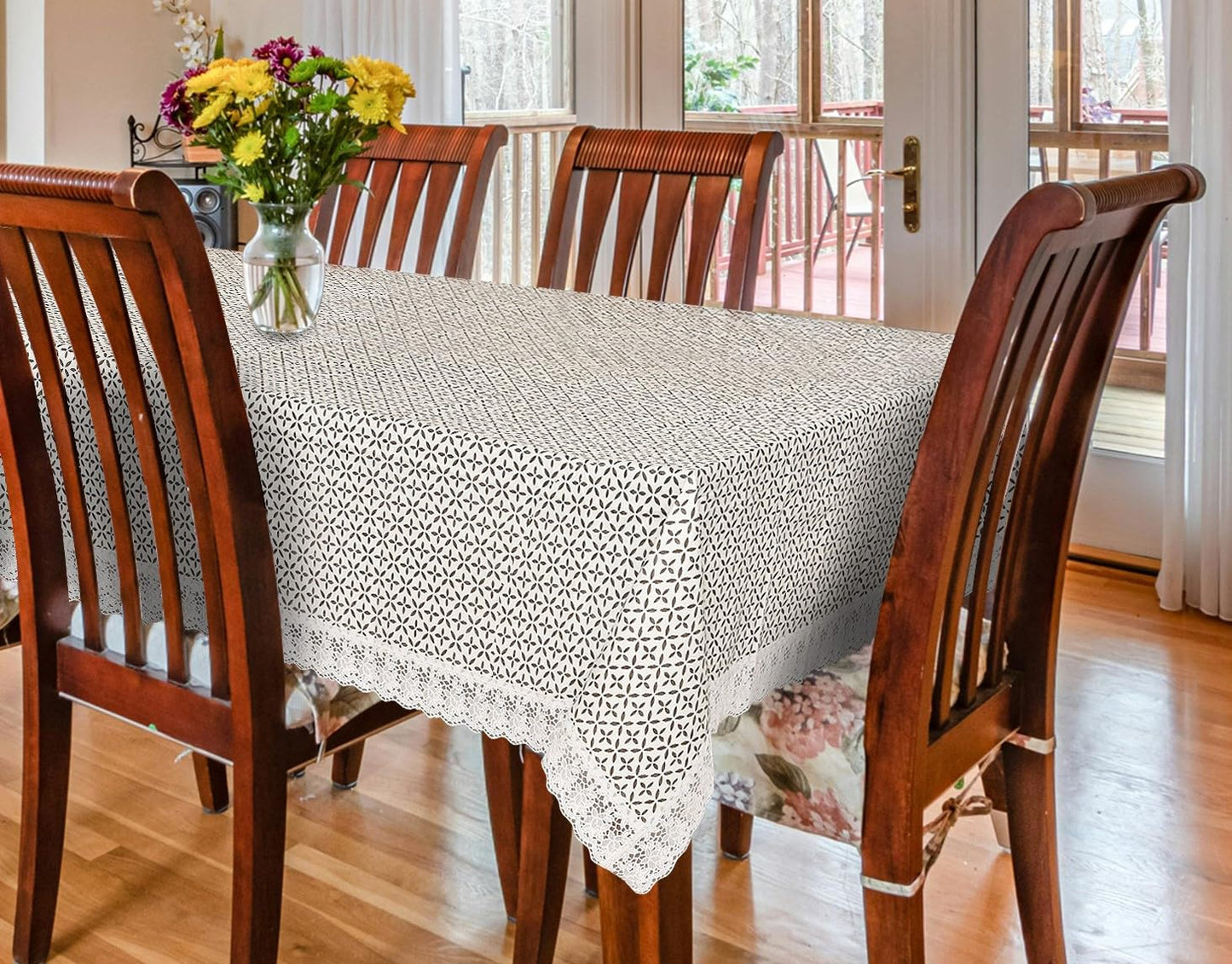 PVC Printed Dining Table Cover for 6 Seater (90x60 Inch)| Waterproof & Washable Plastic Table Cloth with Lace Border | Anti-Slip Table Cover for Kitchen, Dining & Home Décor