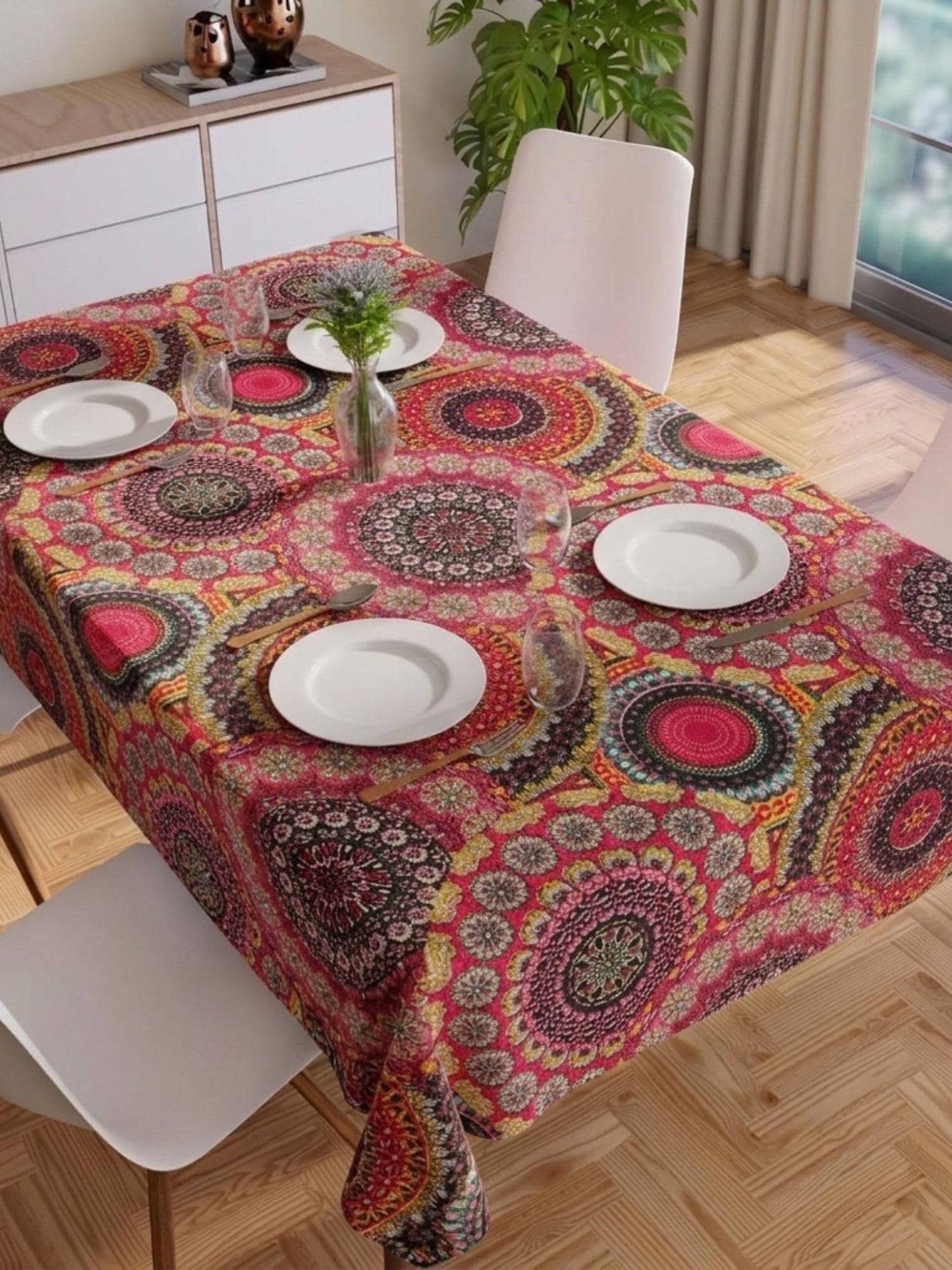 PVC Floral Printed Dining Table Cover, Waterproof, 6 Seater, 54x78 Inches, PVC Table Cloth/Sheet for Party and Events (White Floral)