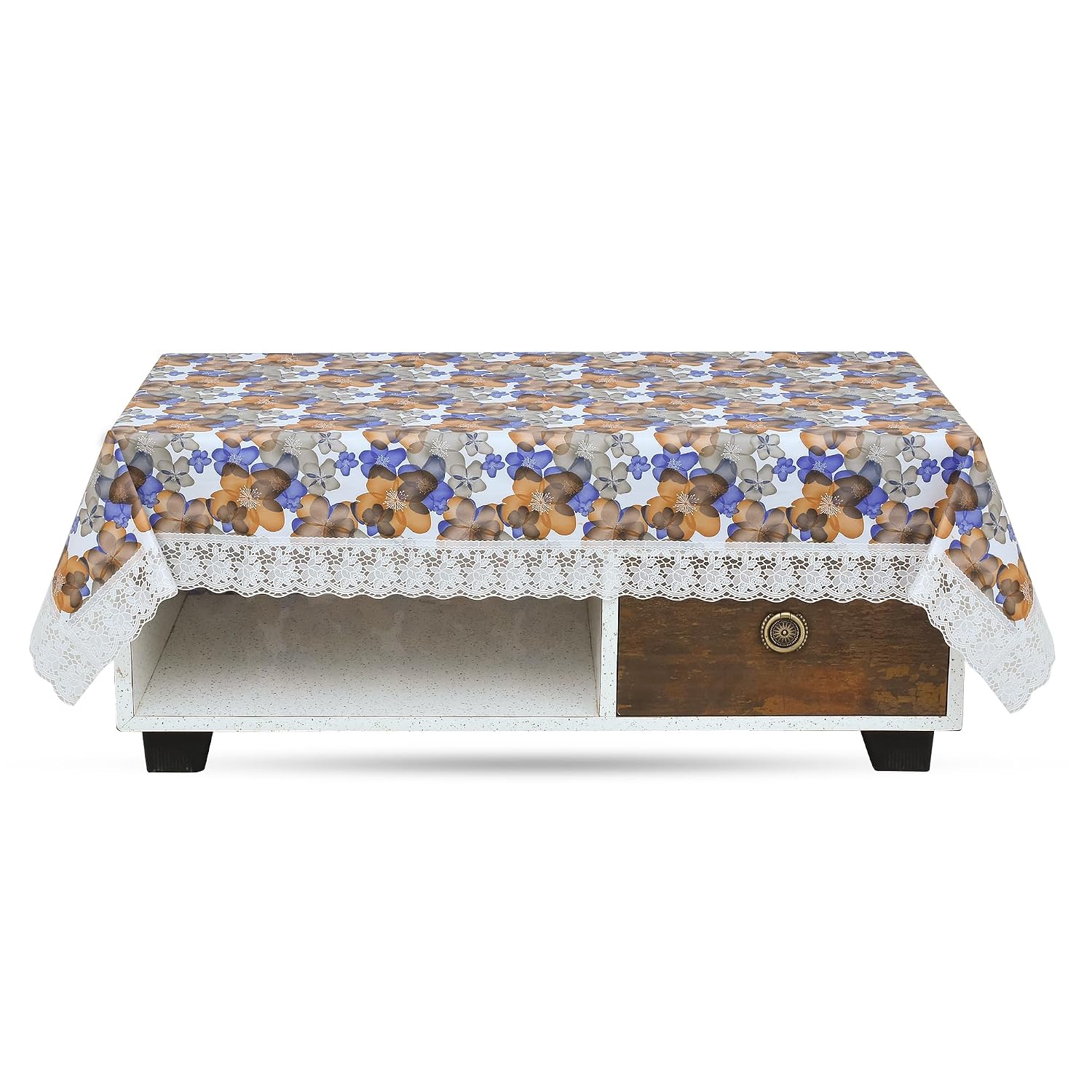 Polyvinyl Chloride PVC Dining Rectangular Table Cover & 4 Seater Center Table Cloth - Flower Print Oil Proof, Waterproof (Blue Orange, 40x60 inches)