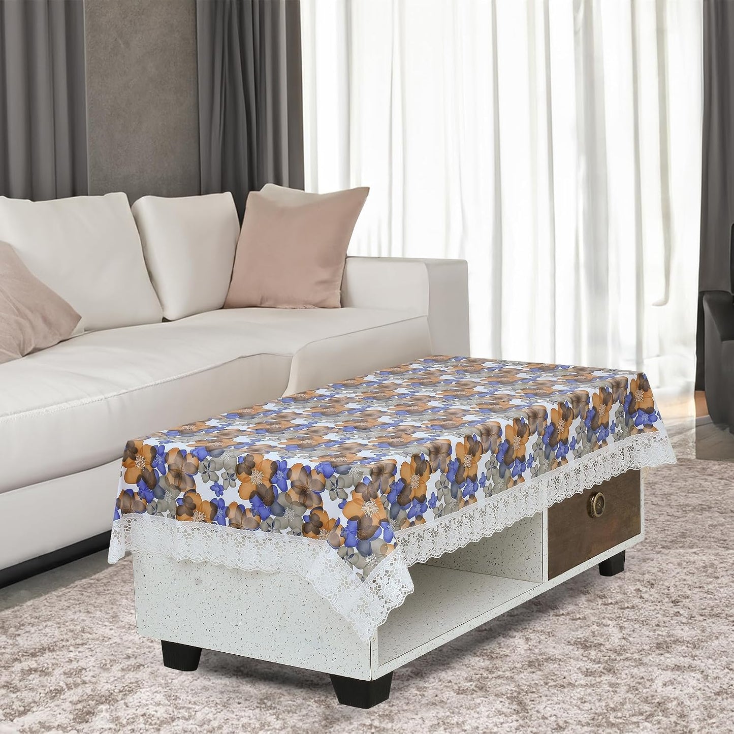 Polyvinyl Chloride PVC Dining Rectangular Table Cover & 4 Seater Center Table Cloth - Flower Print Oil Proof, Waterproof (Blue Orange, 40x60 inches)