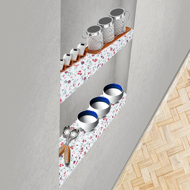 100% Water Proof Flower Design Printed Wardrobe Kitchen Drawer Shelf Mat | Cabinet Shelf Mat | Flower Design with PVC Material (White, 3 Mtr)