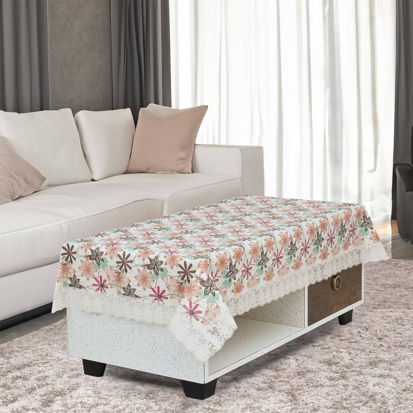 Polyvinyl Chloride PVC Dining Rectangular Table Cover & 4 Seater Center Table Cloth - Flower Print Oil Proof, Waterproof (Blue Orange, 40x60 inches)