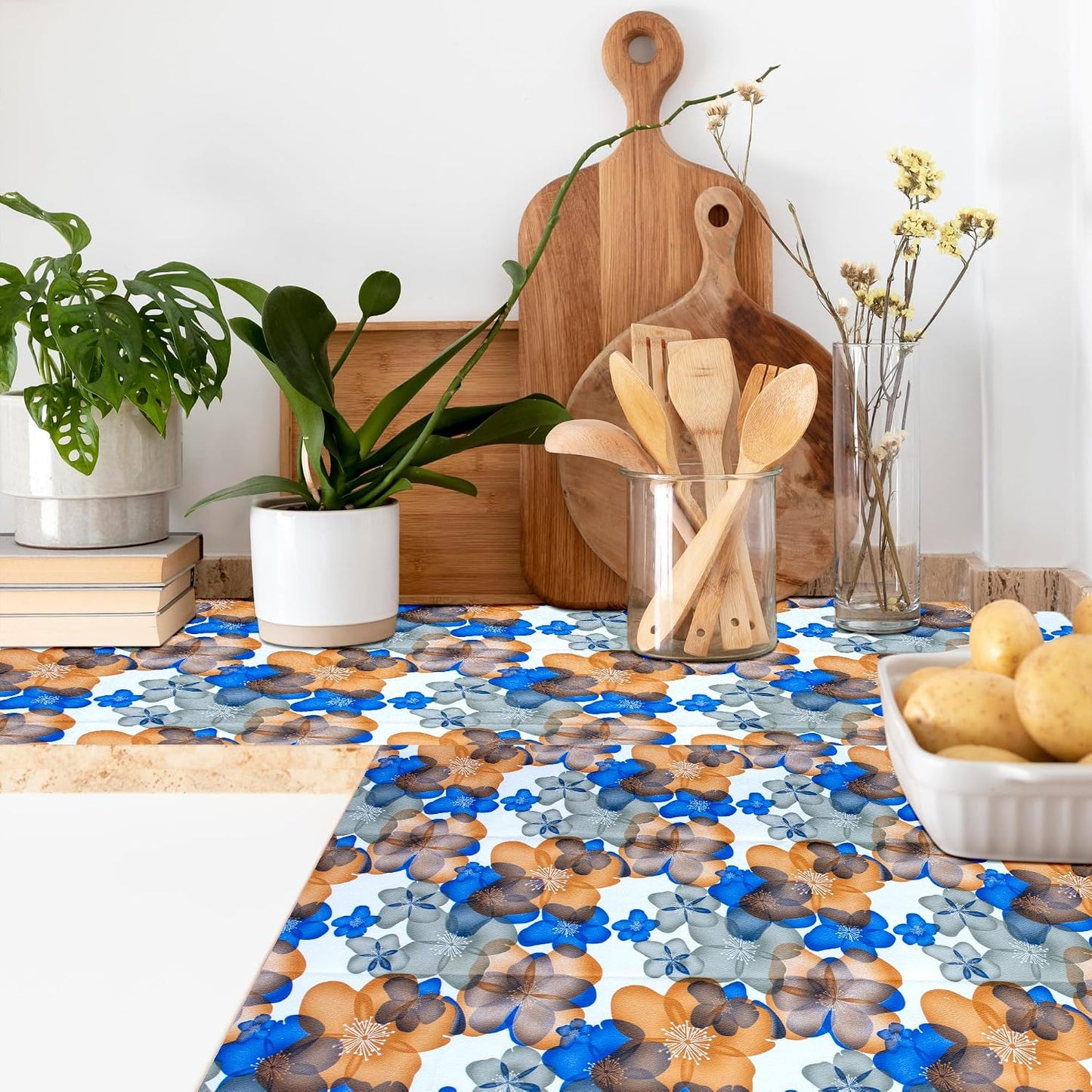 Waterproof Non-Slip Shelf Roll | PVC Mat for Kitchen, Dining, and Living Room – Durable, Easy-to-Clean Table Protector & Shelf Liner (Blue Orange Floral, 3 Meter)