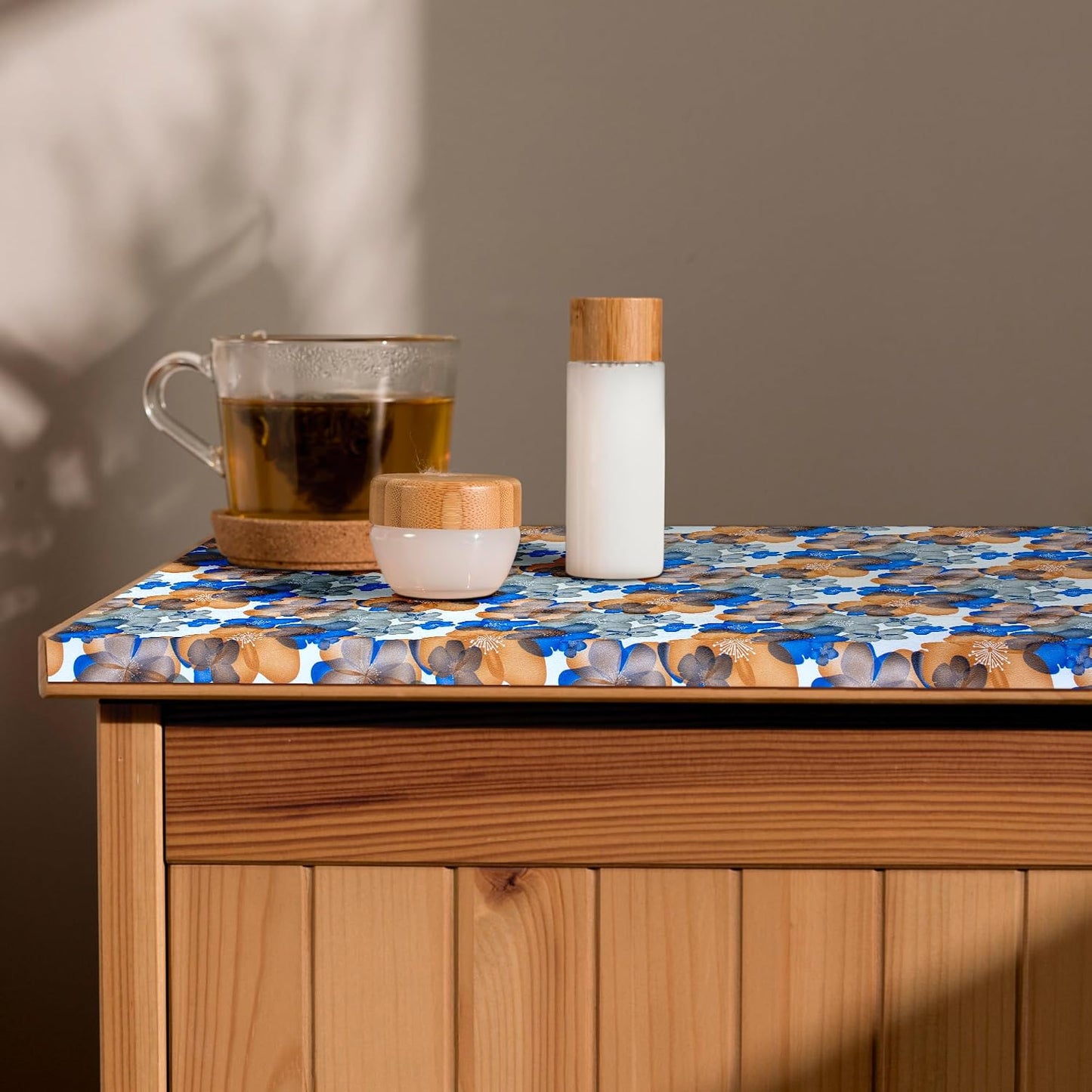Waterproof Non-Slip Shelf Roll | PVC Mat for Kitchen, Dining, and Living Room – Durable, Easy-to-Clean Table Protector & Shelf Liner (Blue Orange Floral, 3 Meter)