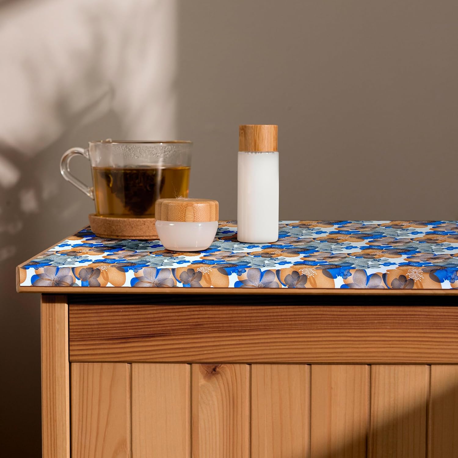 Waterproof Non-Slip Shelf Roll | PVC Mat for Kitchen, Dining, and Living Room – Durable, Easy-to-Clean Table Protector & Shelf Liner (Blue Orange Floral, 3 Meter)