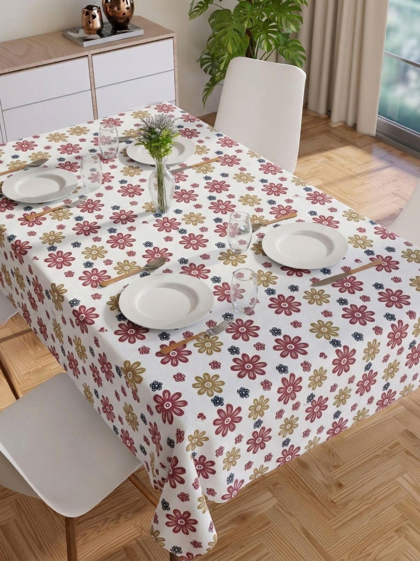 PVC Floral Printed Dining Table Cover, Waterproof, 6 Seater, 54x78 Inches, PVC Table Cloth/Sheet for Party and Events (White Floral)