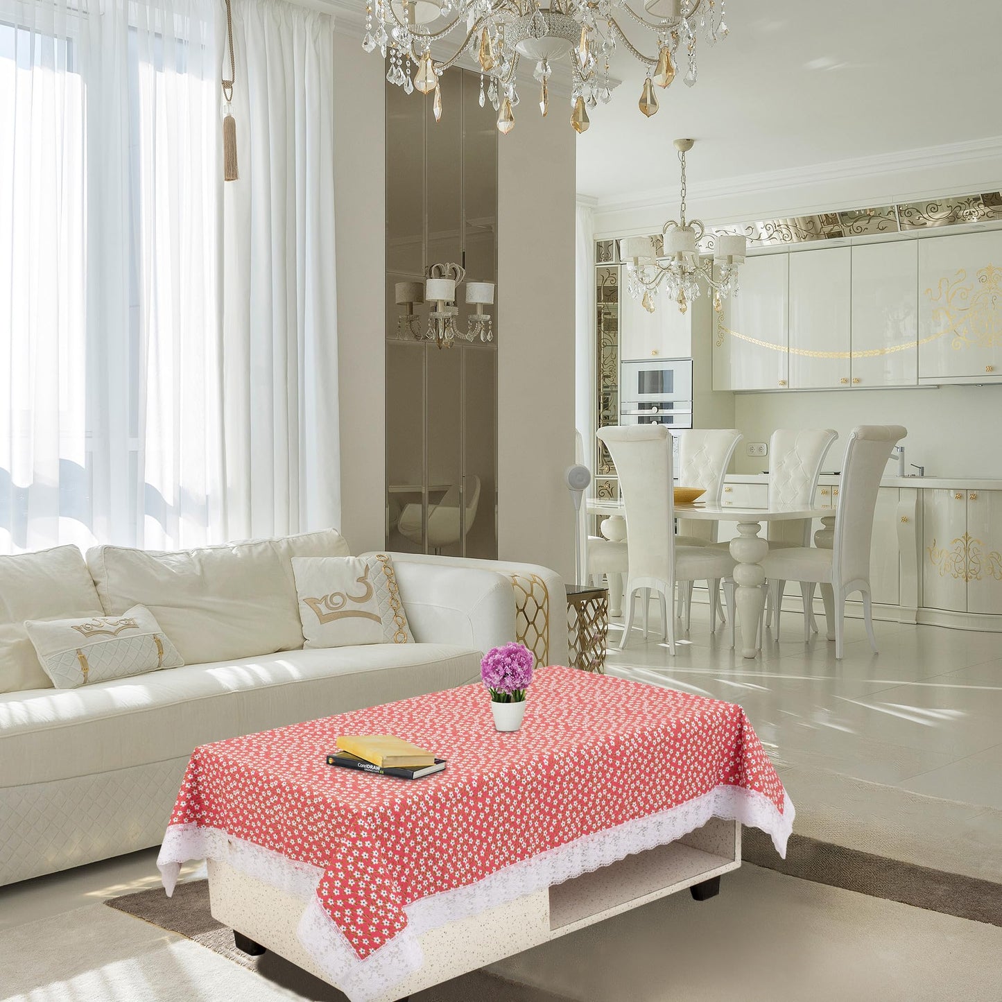 PVC Water Proof Printed Center Table Cover with Lace | Center Table Cover 4 Seater |Center Table Cover 4 Seater Waterproof (40x60, White Printed)