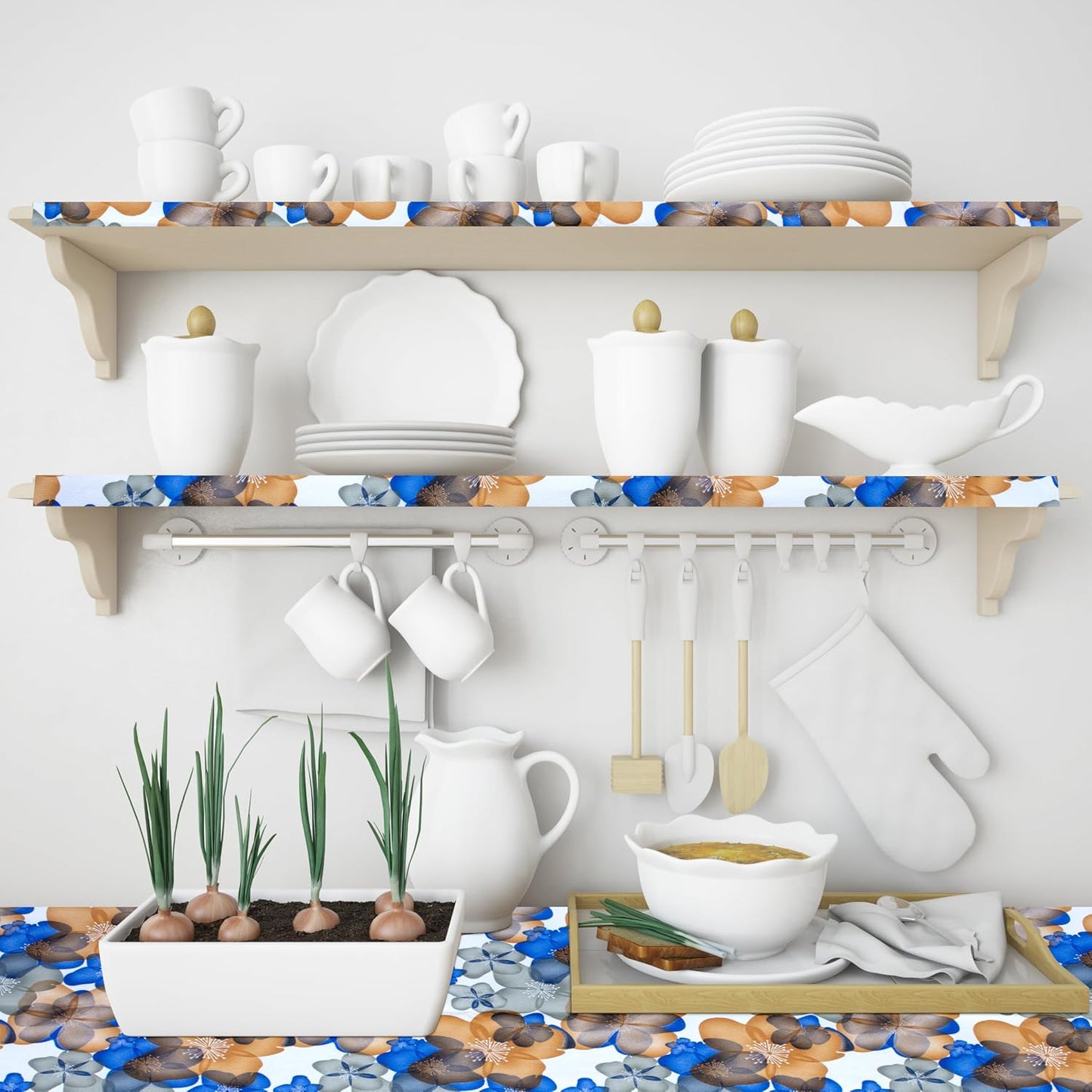 Waterproof Non-Slip Shelf Roll | PVC Mat for Kitchen, Dining, and Living Room – Durable, Easy-to-Clean Table Protector & Shelf Liner (Blue Orange Floral, 3 Meter)