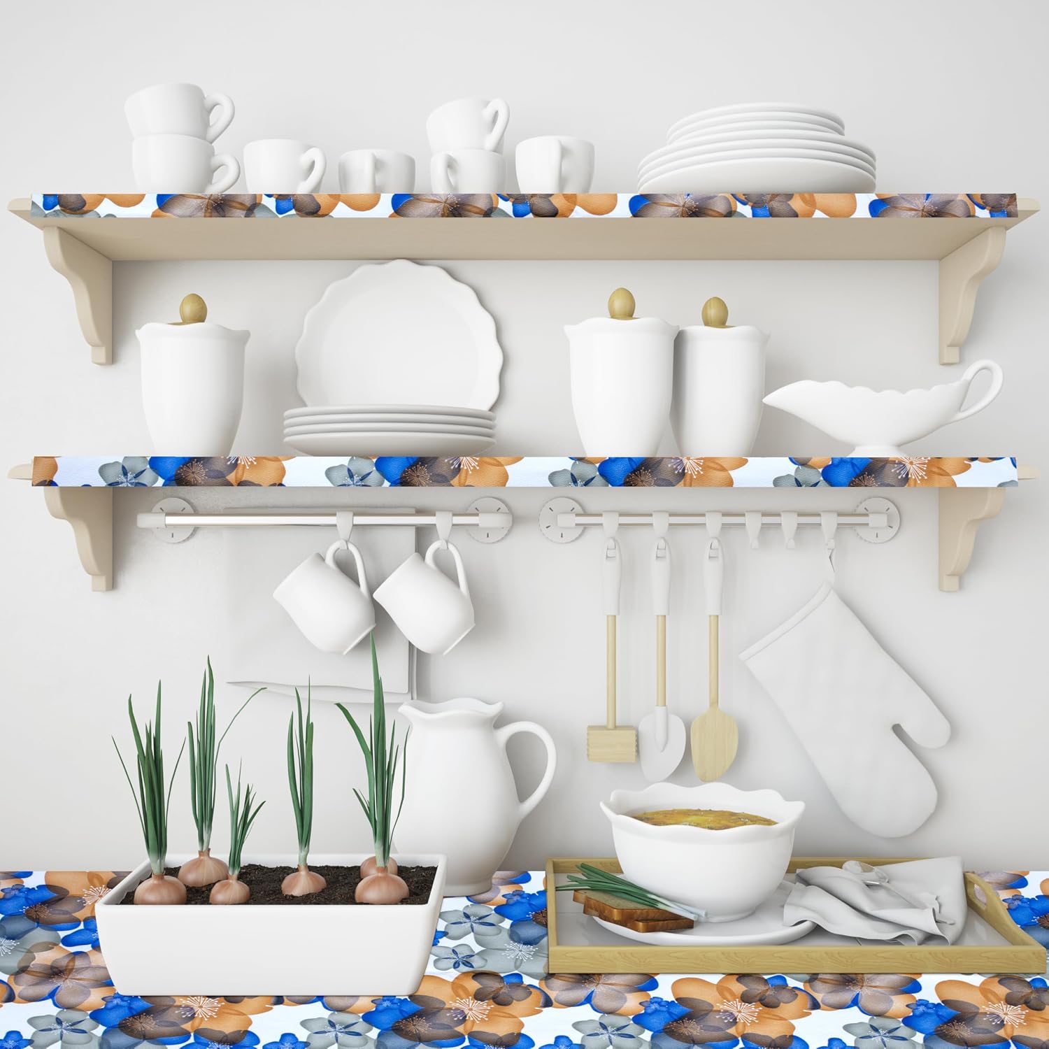 Waterproof Non-Slip Shelf Roll | PVC Mat for Kitchen, Dining, and Living Room – Durable, Easy-to-Clean Table Protector & Shelf Liner (Blue Orange Floral, 3 Meter)