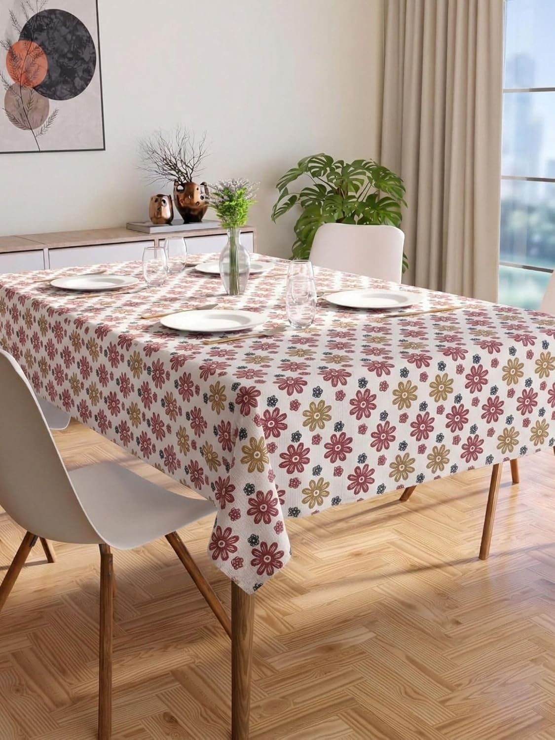 PVC Floral Printed Dining Table Cover, Waterproof, 6 Seater, 54x78 Inches, PVC Table Cloth/Sheet for Party and Events (White Floral)