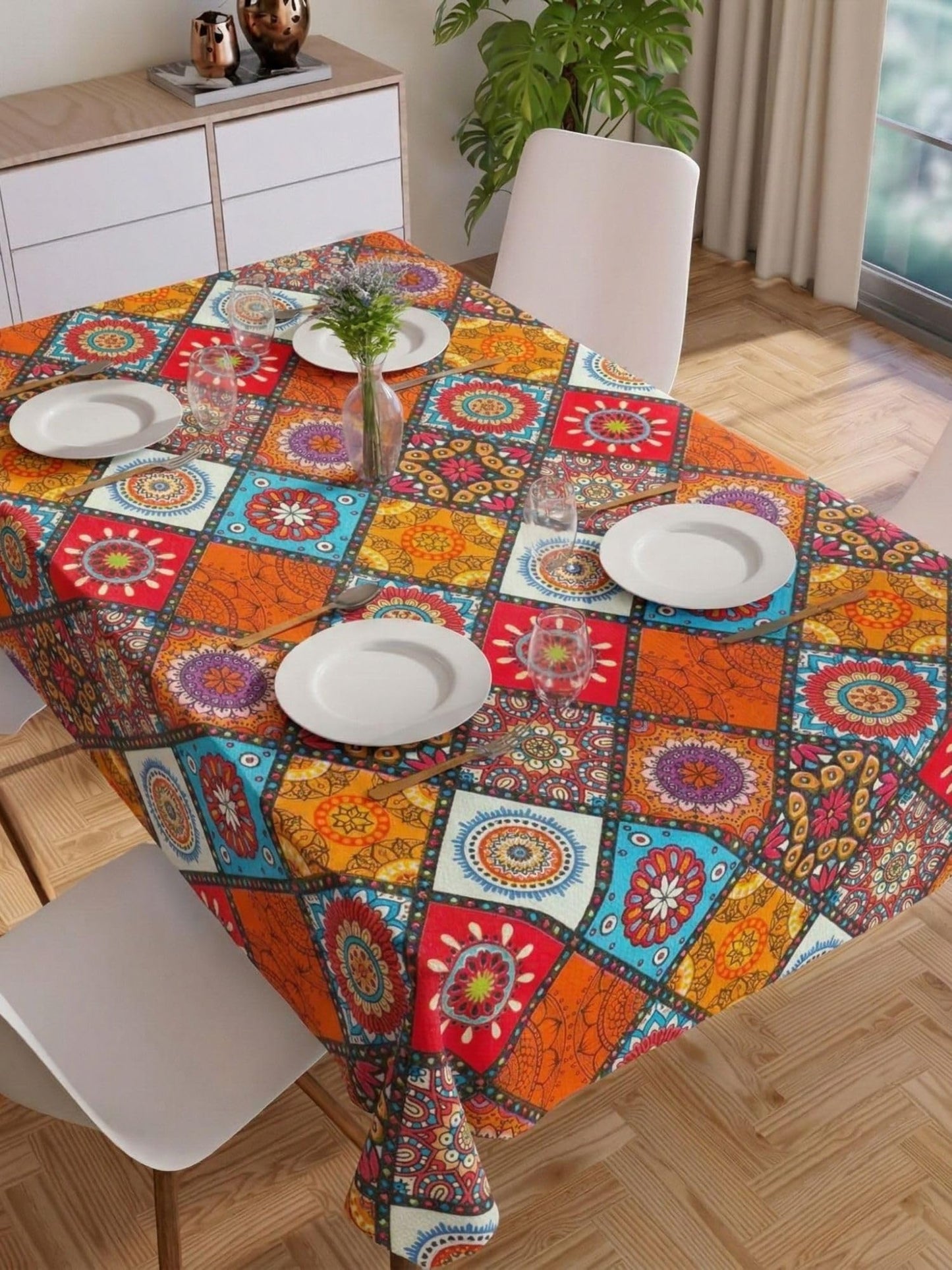 PVC Floral Printed Dining Table Cover, Waterproof, 6 Seater, 54x78 Inches, PVC Table Cloth/Sheet for Party and Events (Green Leaf)