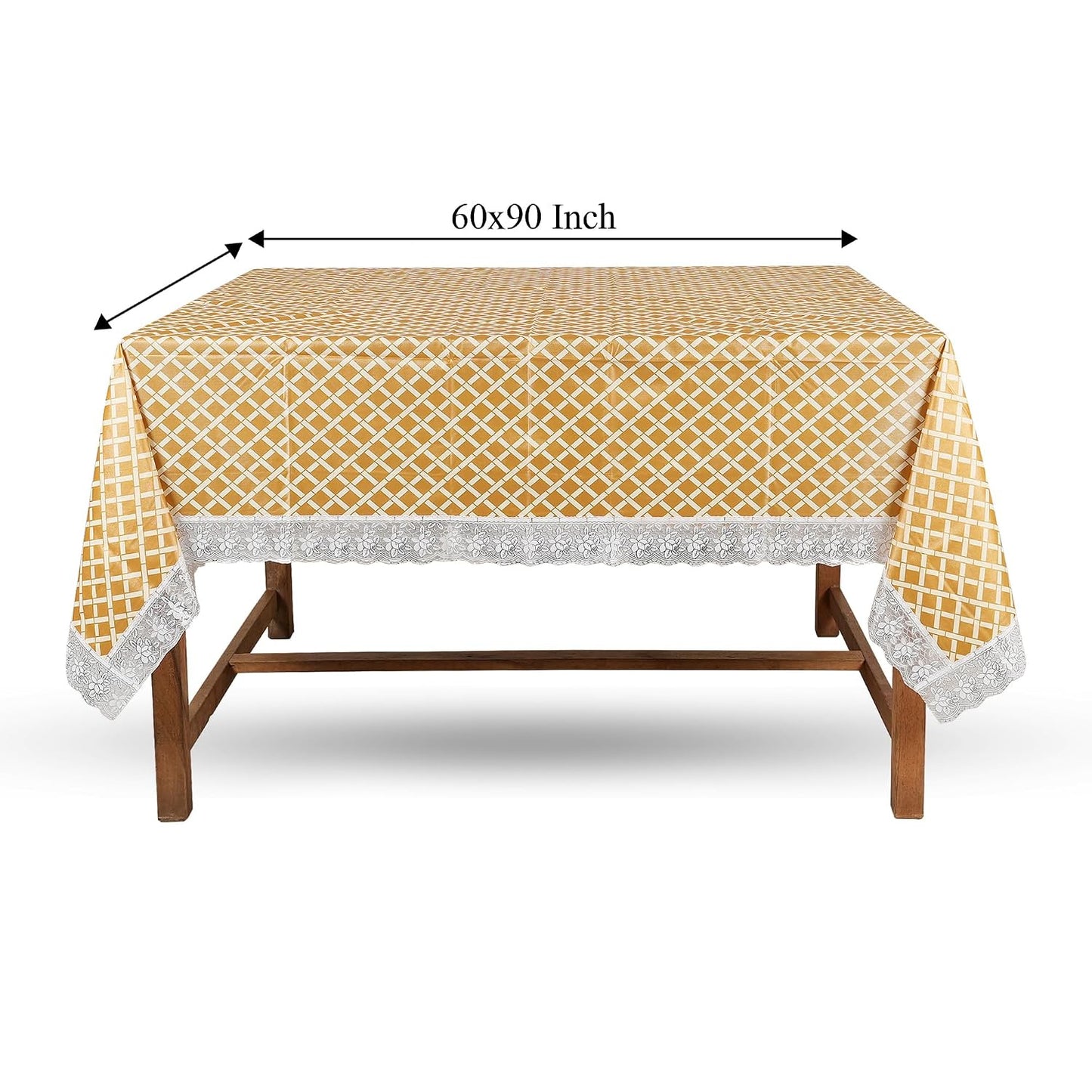 PVC Water Proof Printed Dinning Table Cover with Lace | Dinning Table Cover 6 Seater | Dining Table Cover 6 Seater Waterproof (Golden Check, 60x90)