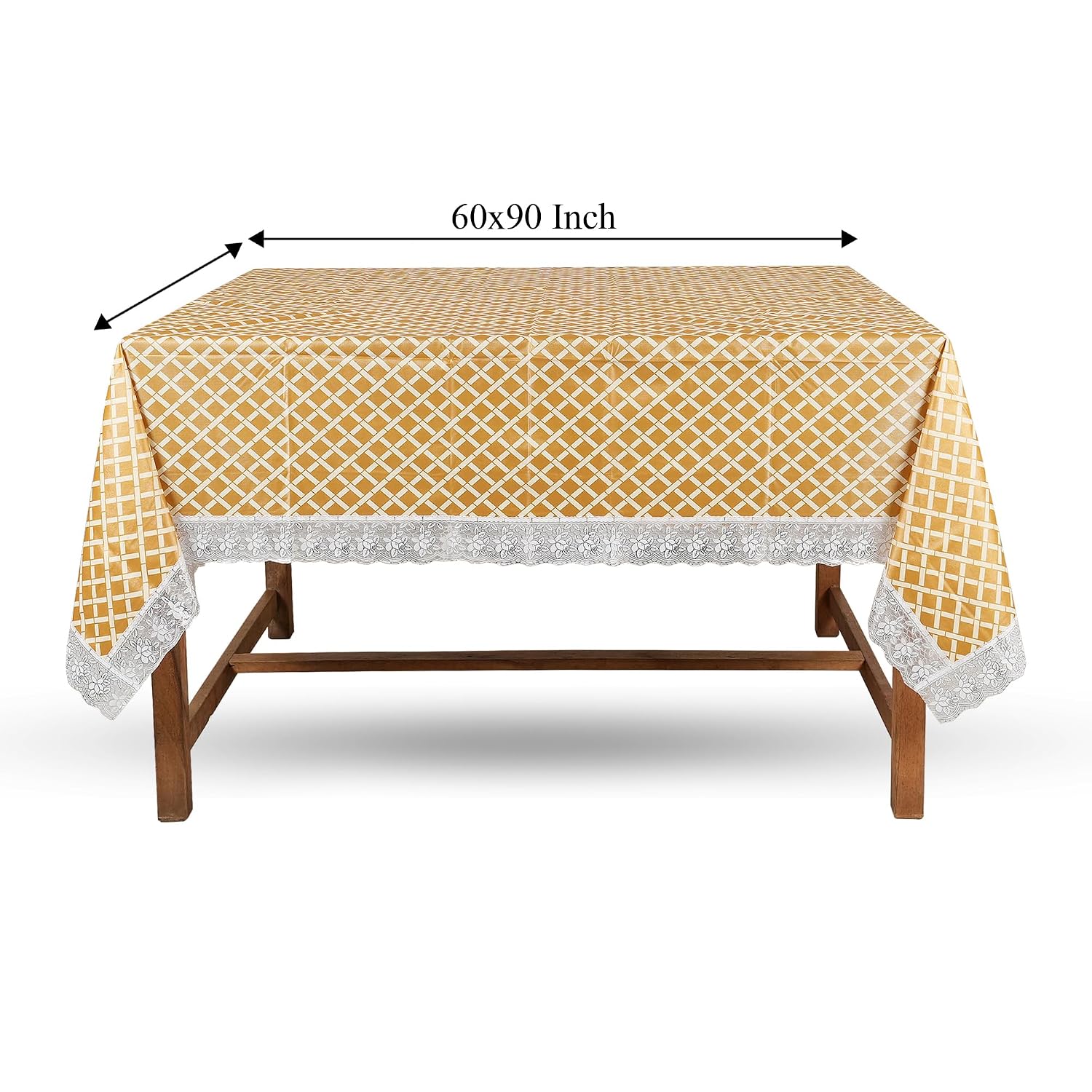 PVC Water Proof Printed Dinning Table Cover with Lace | Dinning Table Cover 6 Seater | Dining Table Cover 6 Seater Waterproof (Golden Check, 60x90)