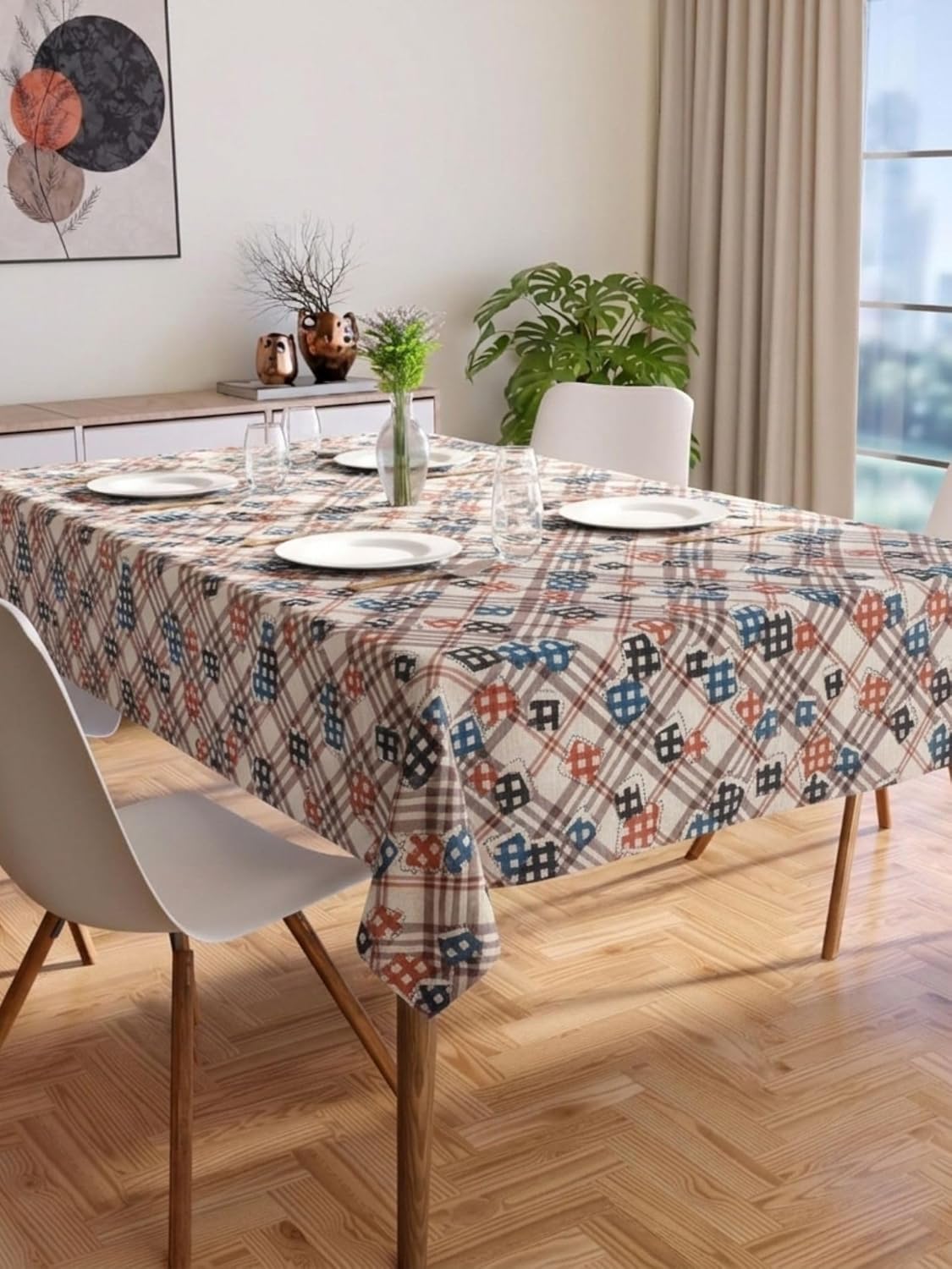 PVC Floral Printed Dining Table Cover, Waterproof, 6 Seater, 54x78 Inches, PVC Table Cloth/Sheet for Party and Events (Grey Check)