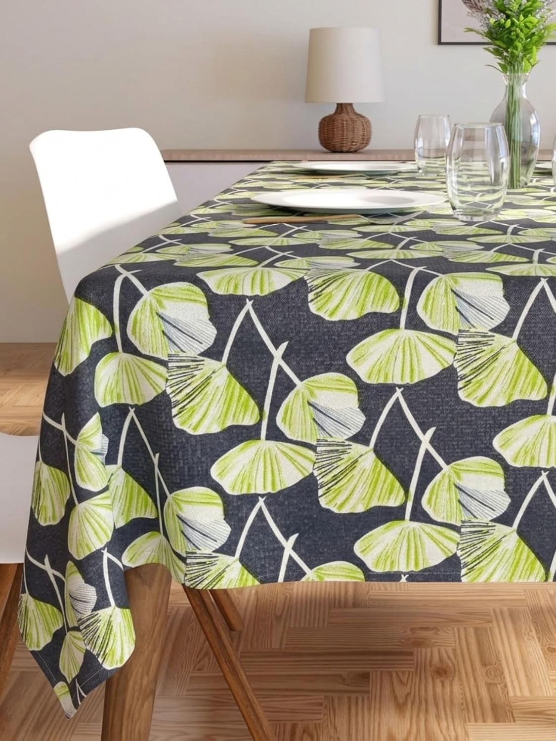 PVC Floral Printed Dining Table Cover, Waterproof, 6 Seater, 54x78 Inches, PVC Table Cloth/Sheet for Party and Events (Green Leaf)