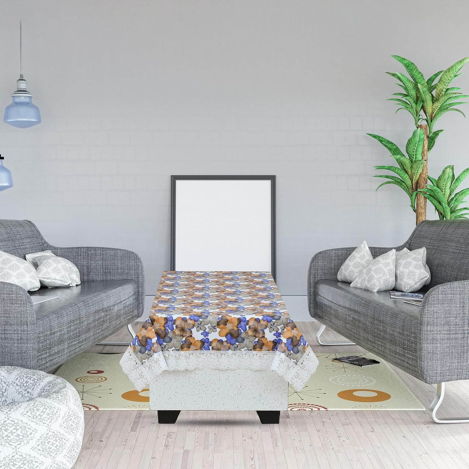 Polyvinyl Chloride PVC Dining Rectangular Table Cover & 4 Seater Center Table Cloth - Flower Print Oil Proof, Waterproof (Blue Orange, 40x60 inches)