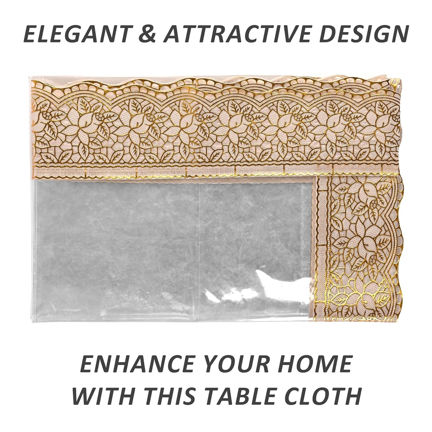 Transparent Table Cover with Golden Border Laces, 2-4 Seater 48x48 inches, 0.25mm Thick, 2-4 Seater, Rectangular (48x48)