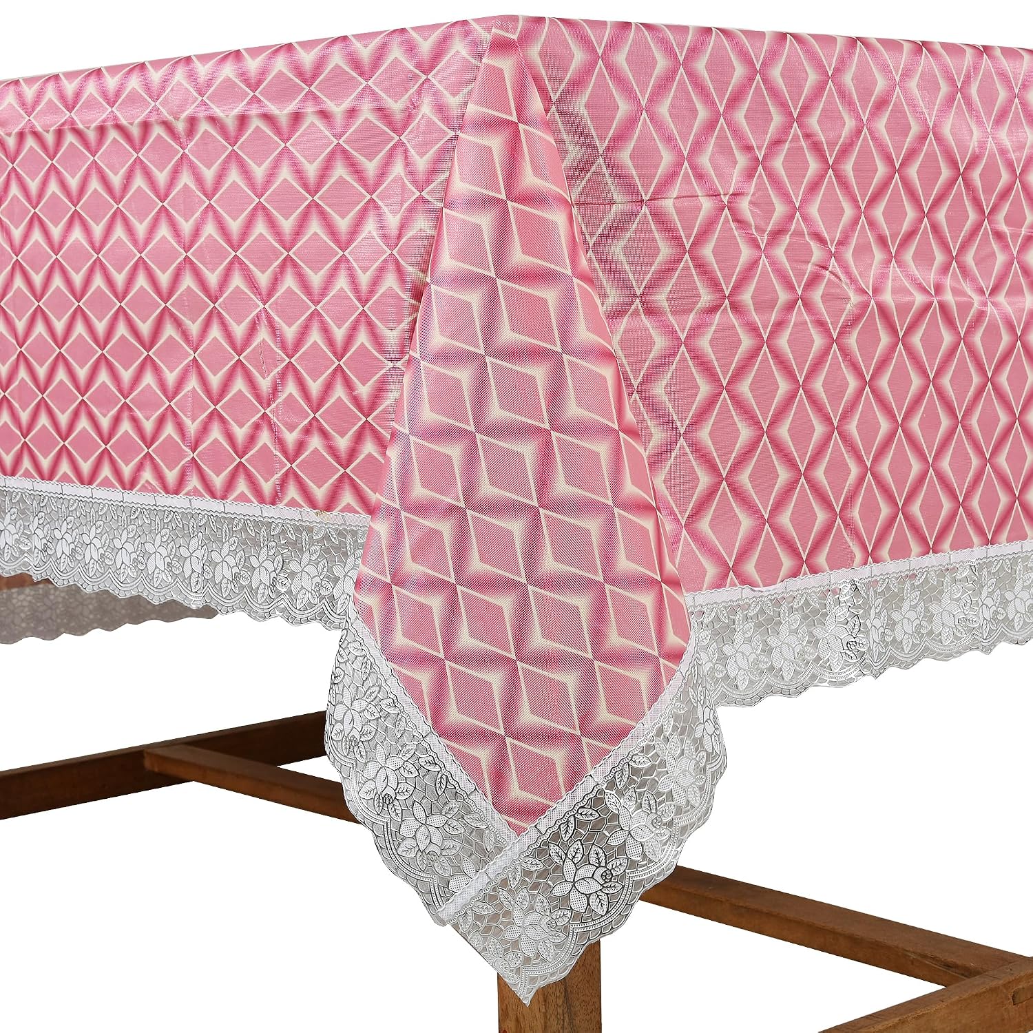 PVC Water Proof Printed Dinning Table Cover with Lace | Dinning Table Cover 6 Seater | Dining Table Cover 6 Seater Waterproof (Pink Wave, 60x90)