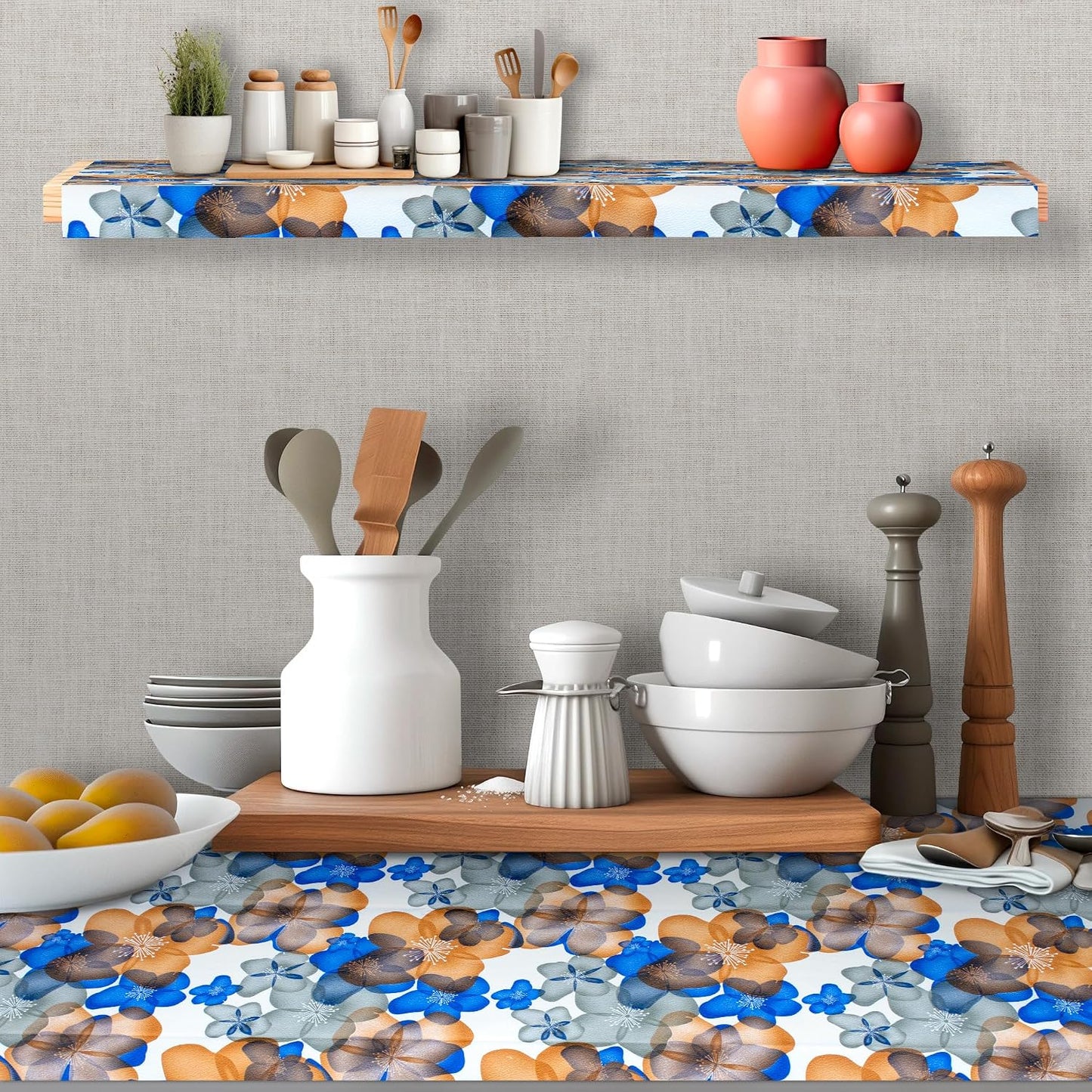 Waterproof Non-Slip Shelf Roll | PVC Mat for Kitchen, Dining, and Living Room – Durable, Easy-to-Clean Table Protector & Shelf Liner (Blue Orange Floral, 3 Meter)