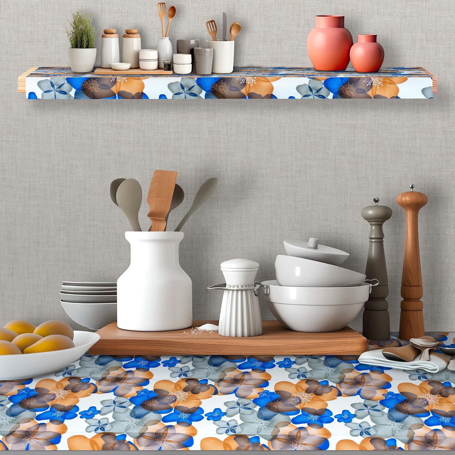 Waterproof Non-Slip Shelf Roll | PVC Mat for Kitchen, Dining, and Living Room – Durable, Easy-to-Clean Table Protector & Shelf Liner (Blue Orange Floral, 3 Meter)