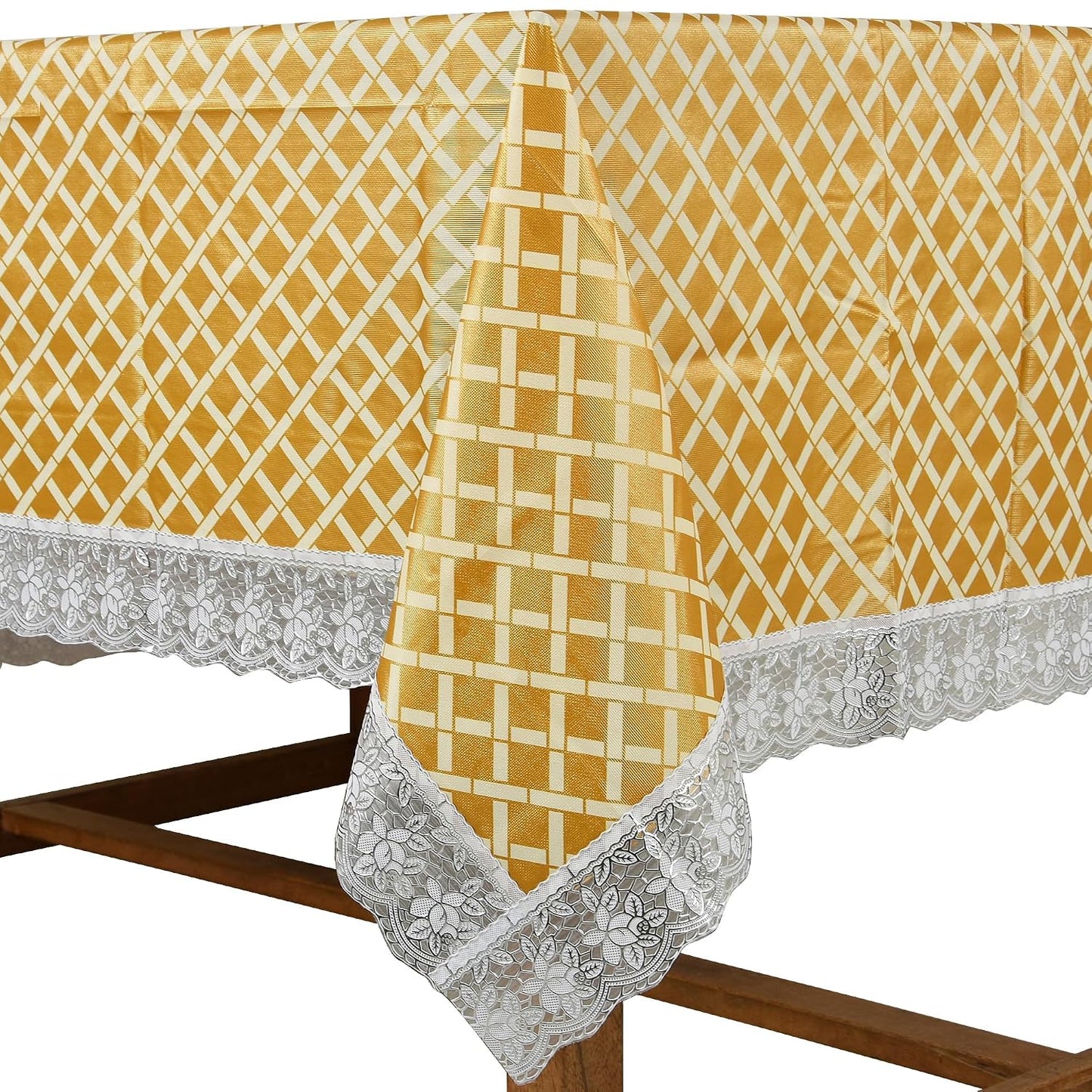 PVC Water Proof Printed Dinning Table Cover with Lace | Dinning Table Cover 6 Seater | Dining Table Cover 6 Seater Waterproof (Golden Check, 60x90)