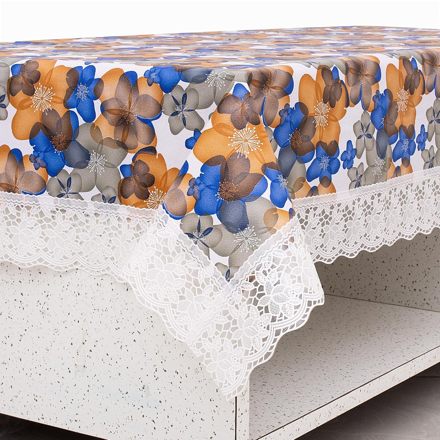 Polyvinyl Chloride PVC Dining Rectangular Table Cover & 4 Seater Center Table Cloth - Flower Print Oil Proof, Waterproof (Blue Orange, 40x60 inches)